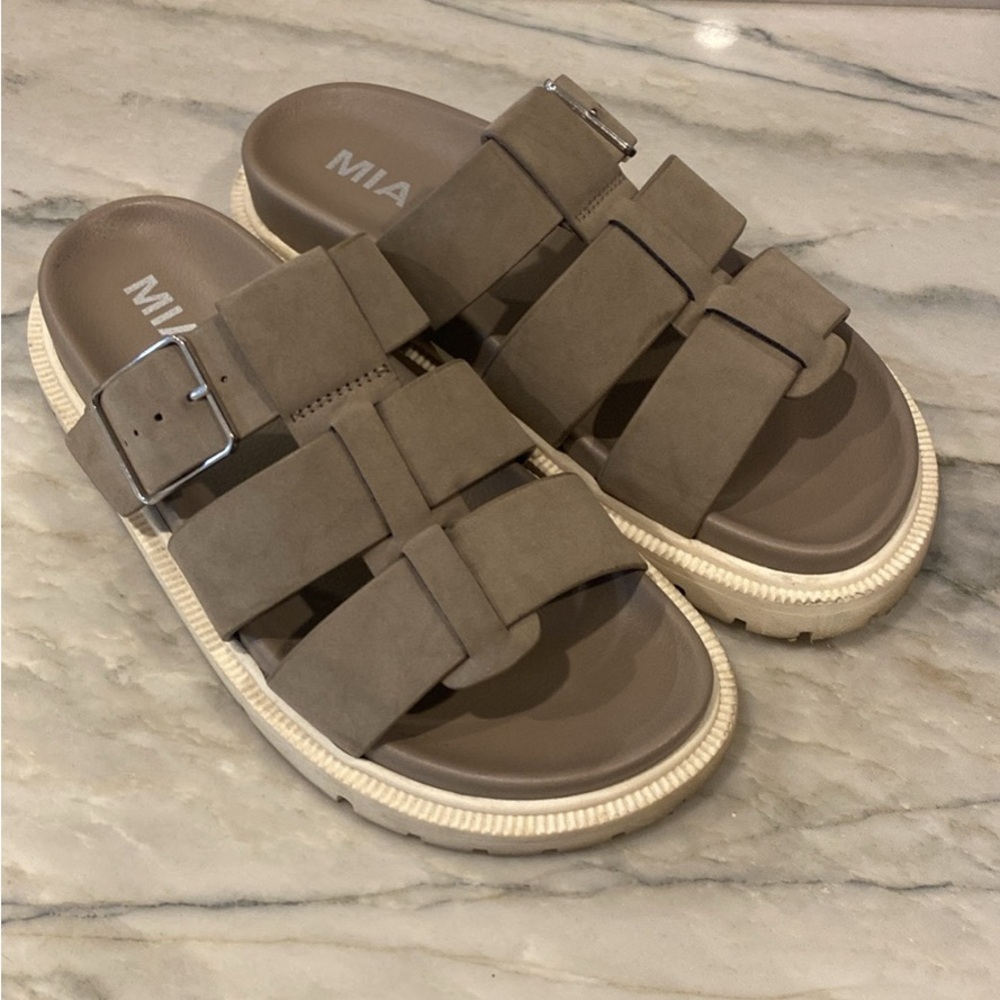 SOLD MIA Taupe Strappy Slide Sandals